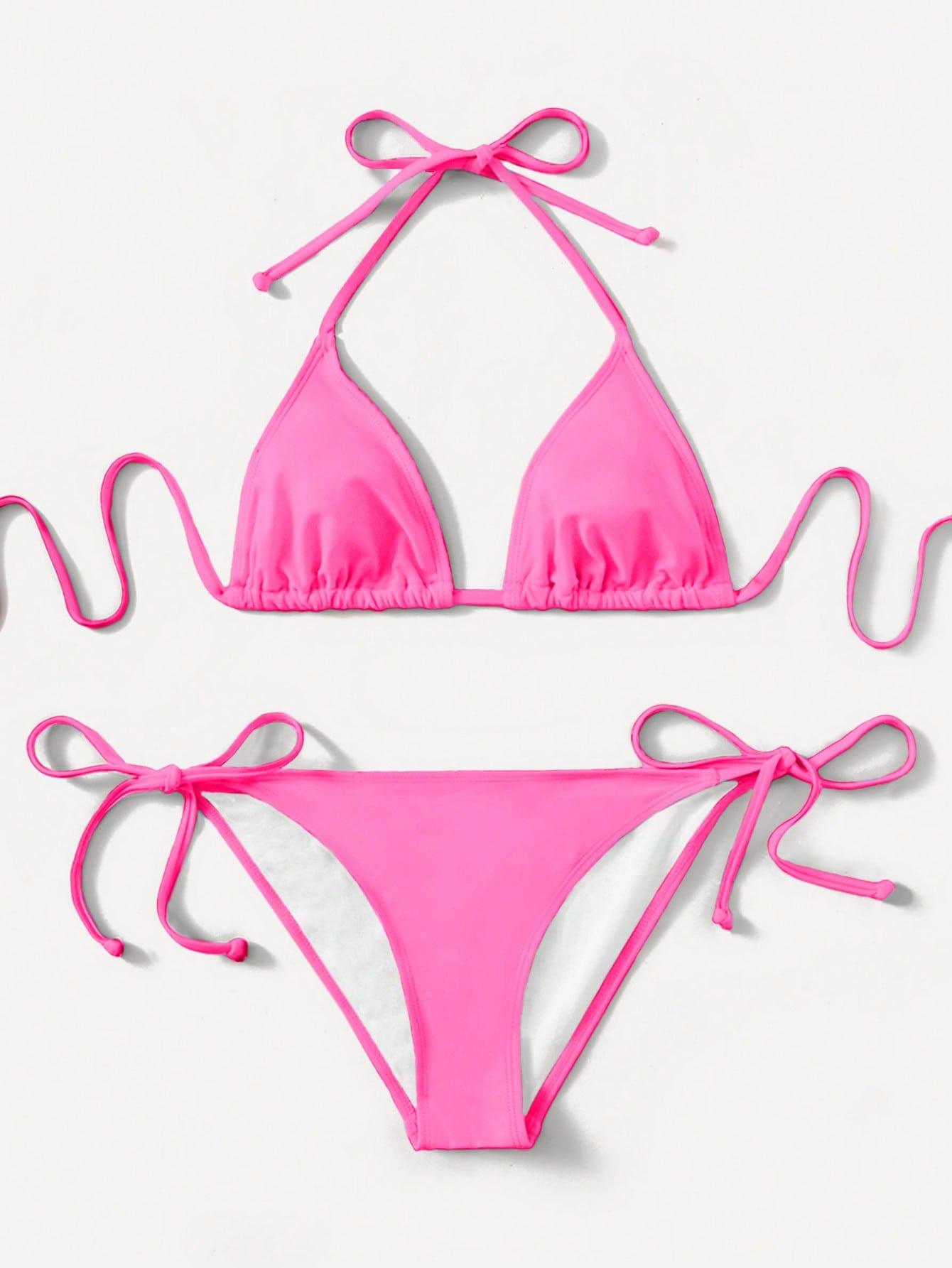 Women's high waist halter tie bikini swimwear set featuring triangle cups, wireless bra with removable padding, and tie side bottoms.