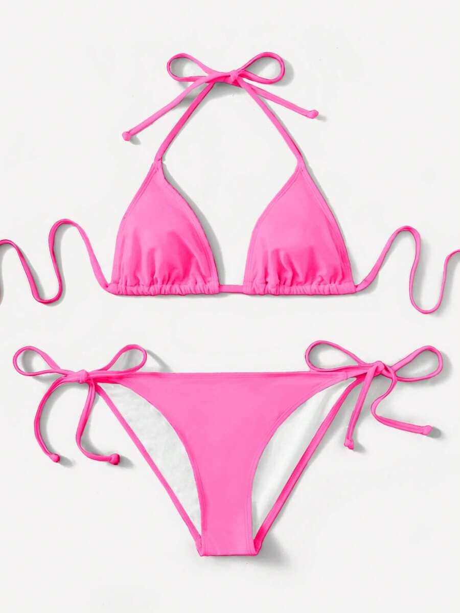 Women's high waist halter tie bikini swimwear set featuring triangle cups, wireless bra with removable padding, and tie side bottoms.