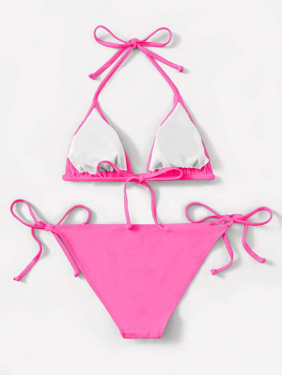 Women's high waist halter tie bikini swimwear set featuring triangle cups, wireless bra with removable padding, and tie side bottoms.