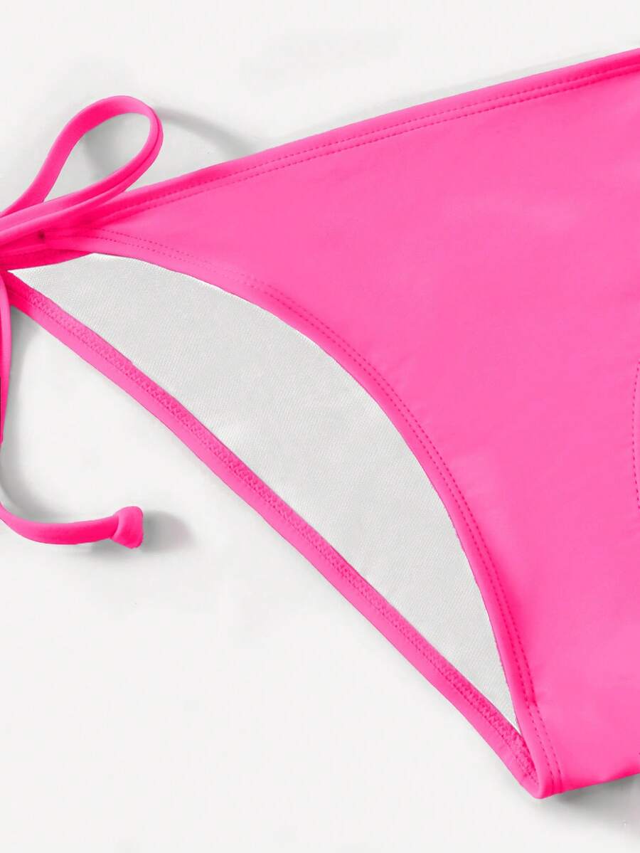 Women's high waist halter tie bikini swimwear set featuring triangle cups, wireless bra with removable padding, and tie side bottoms.