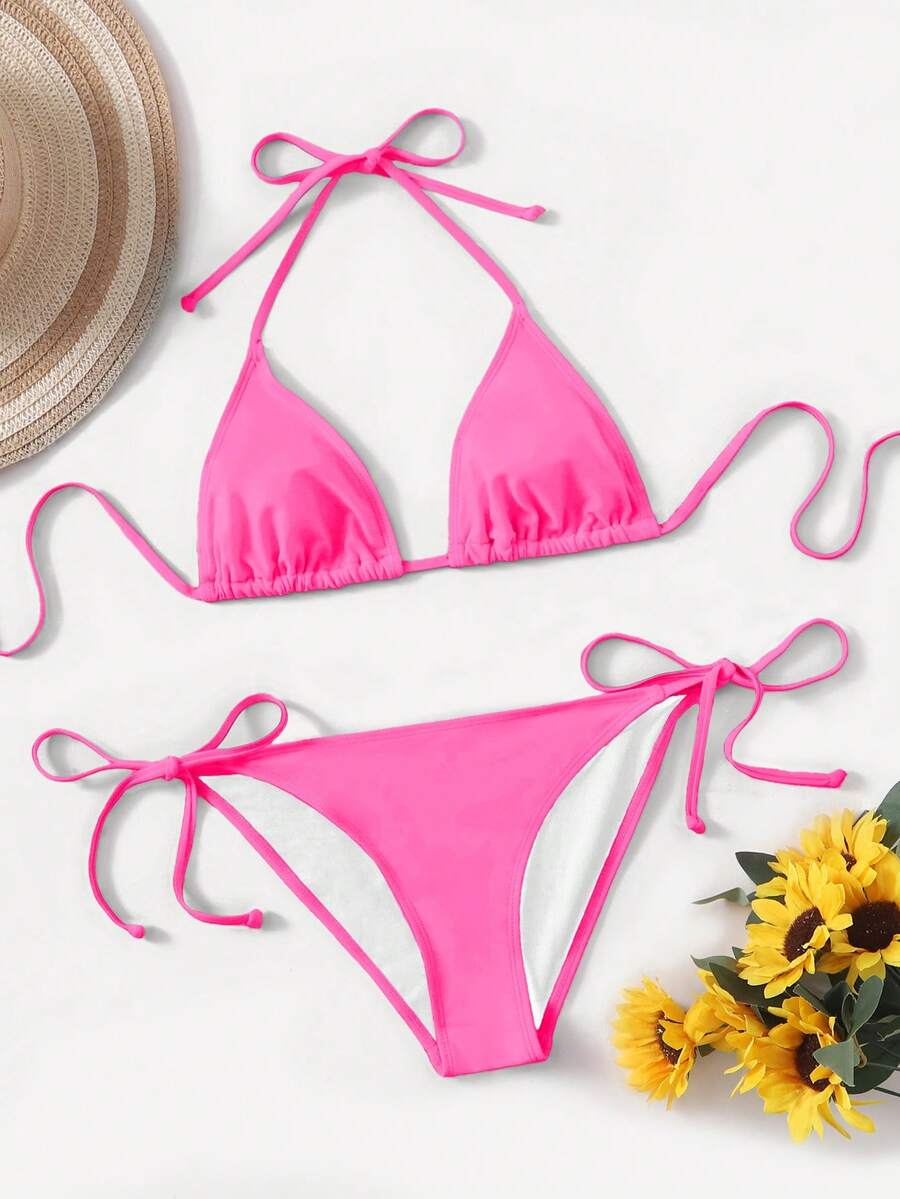 Women's high waist halter tie bikini swimwear set featuring triangle cups, wireless bra with removable padding, and tie side bottoms.