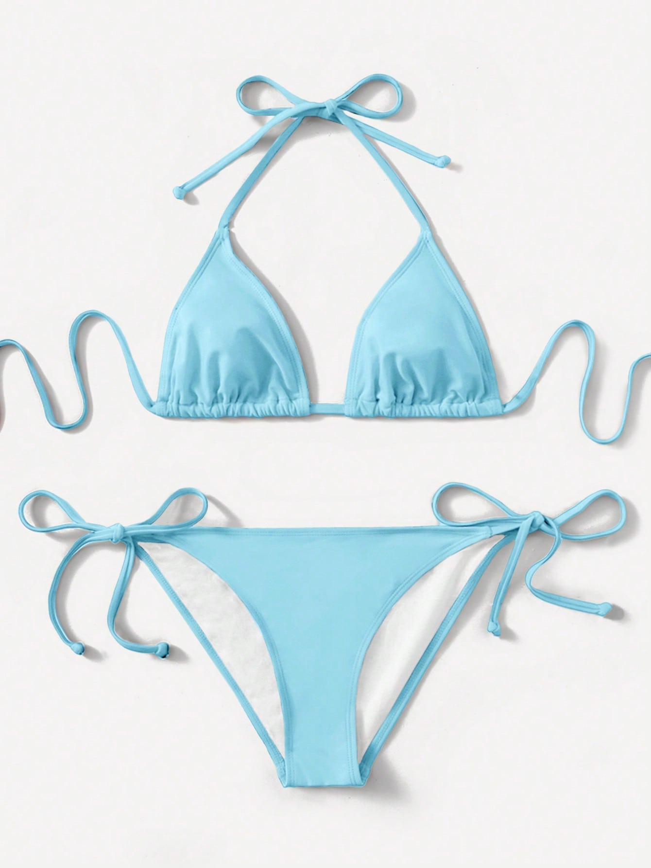 Women's high waist halter tie bikini swimwear set featuring triangle cups, wireless bra with removable padding, and tie side bottoms.