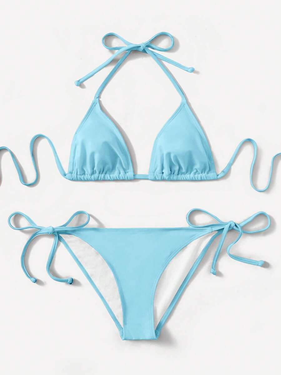 Women's high waist halter tie bikini swimwear set featuring triangle cups, wireless bra with removable padding, and tie side bottoms.