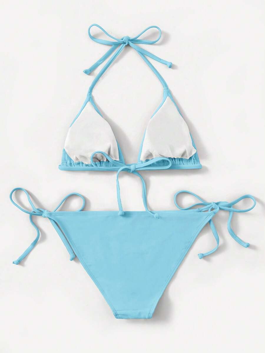 Women's high waist halter tie bikini swimwear set featuring triangle cups, wireless bra with removable padding, and tie side bottoms.