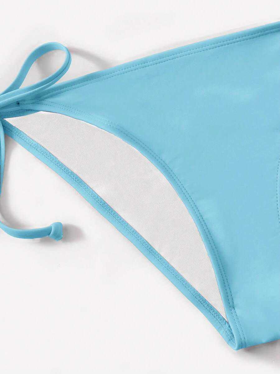 Women's high waist halter tie bikini swimwear set featuring triangle cups, wireless bra with removable padding, and tie side bottoms.