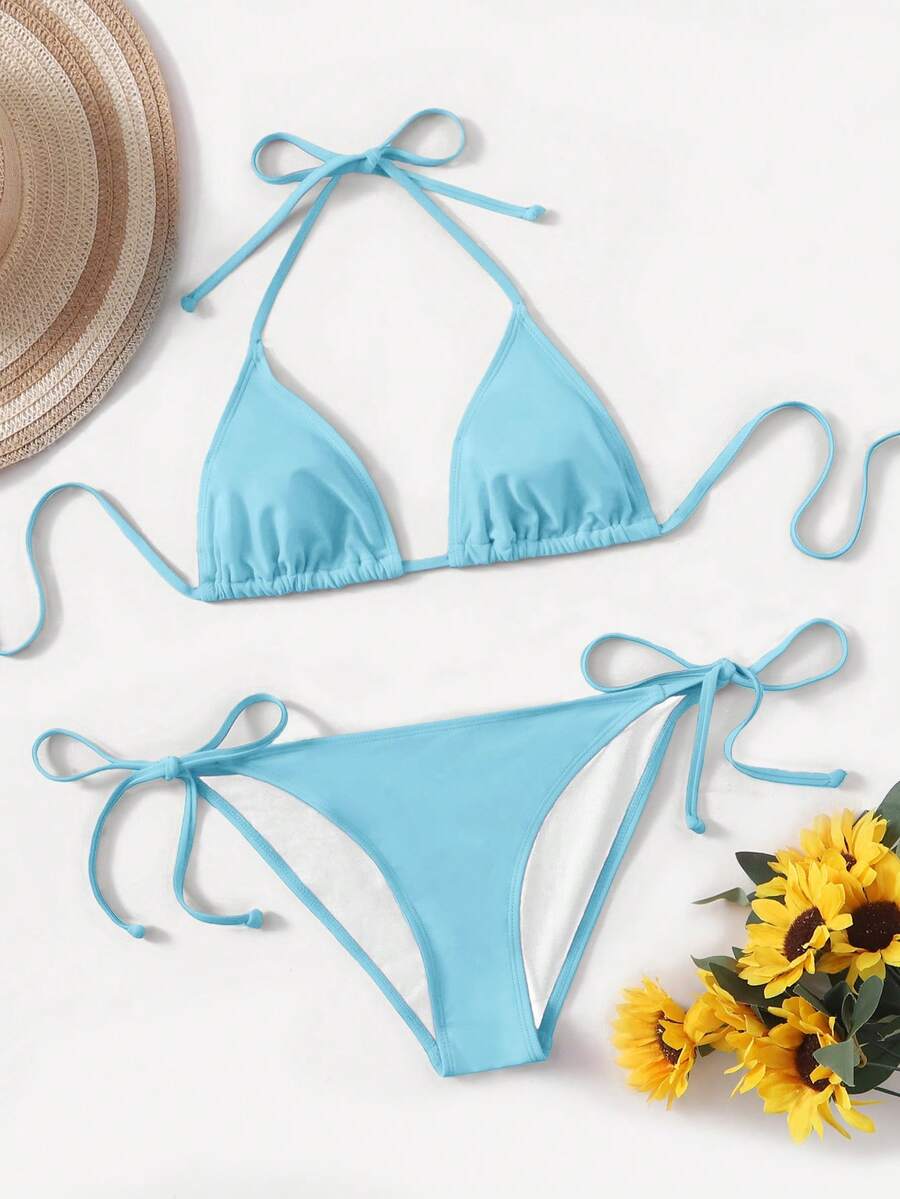 Women's high waist halter tie bikini swimwear set featuring triangle cups, wireless bra with removable padding, and tie side bottoms.