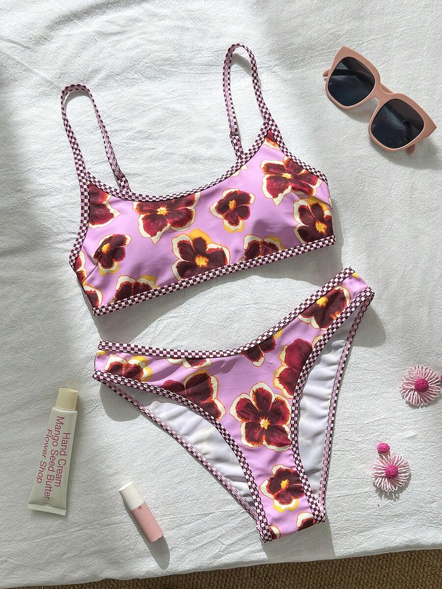 Apricot ribbed high waist two piece bikini swimsuit set for women featuring backless spaghetti strap top and high waisted bottoms.