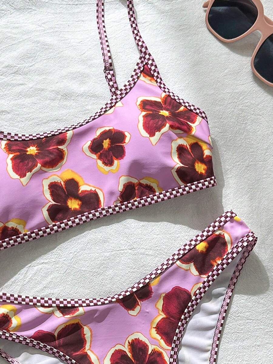 Apricot ribbed high waist two piece bikini swimsuit set for women featuring backless spaghetti strap top and high waisted bottoms.