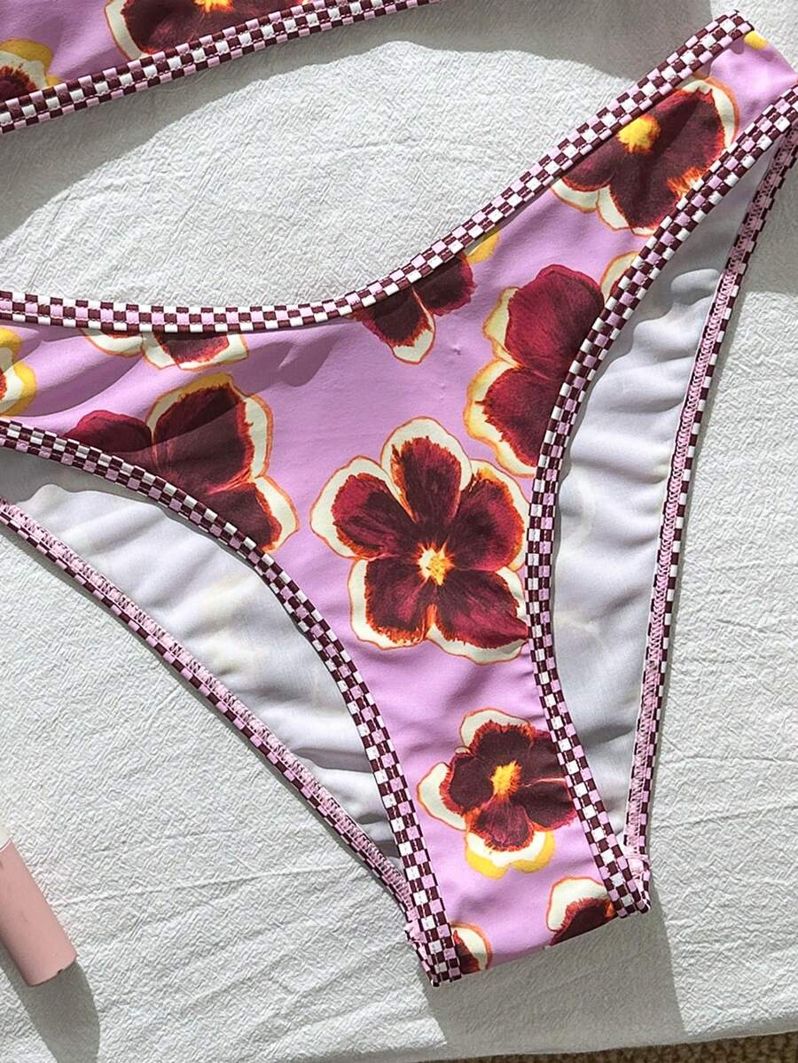 Apricot ribbed high waist two piece bikini swimsuit set for women featuring backless spaghetti strap top and high waisted bottoms.