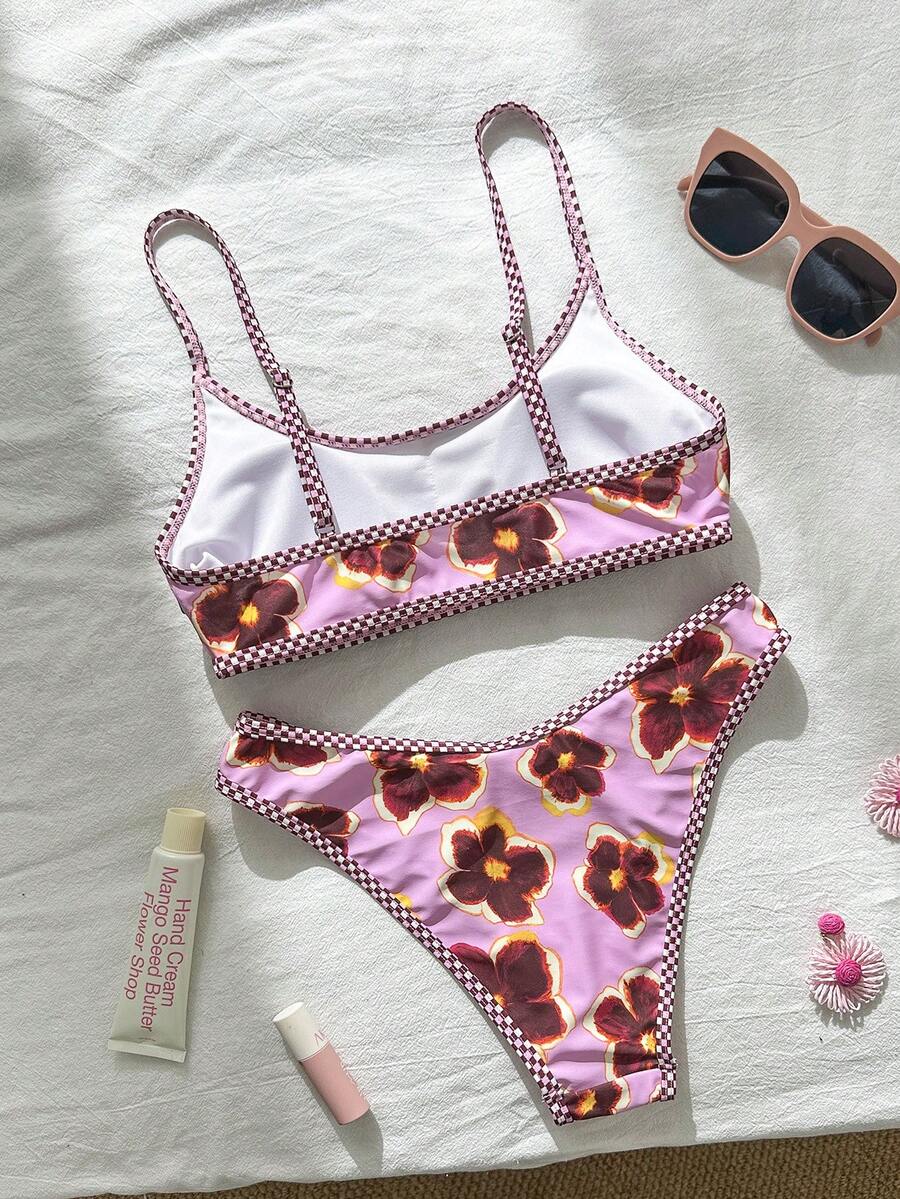 Apricot ribbed high waist two piece bikini swimsuit set for women featuring backless spaghetti strap top and high waisted bottoms.
