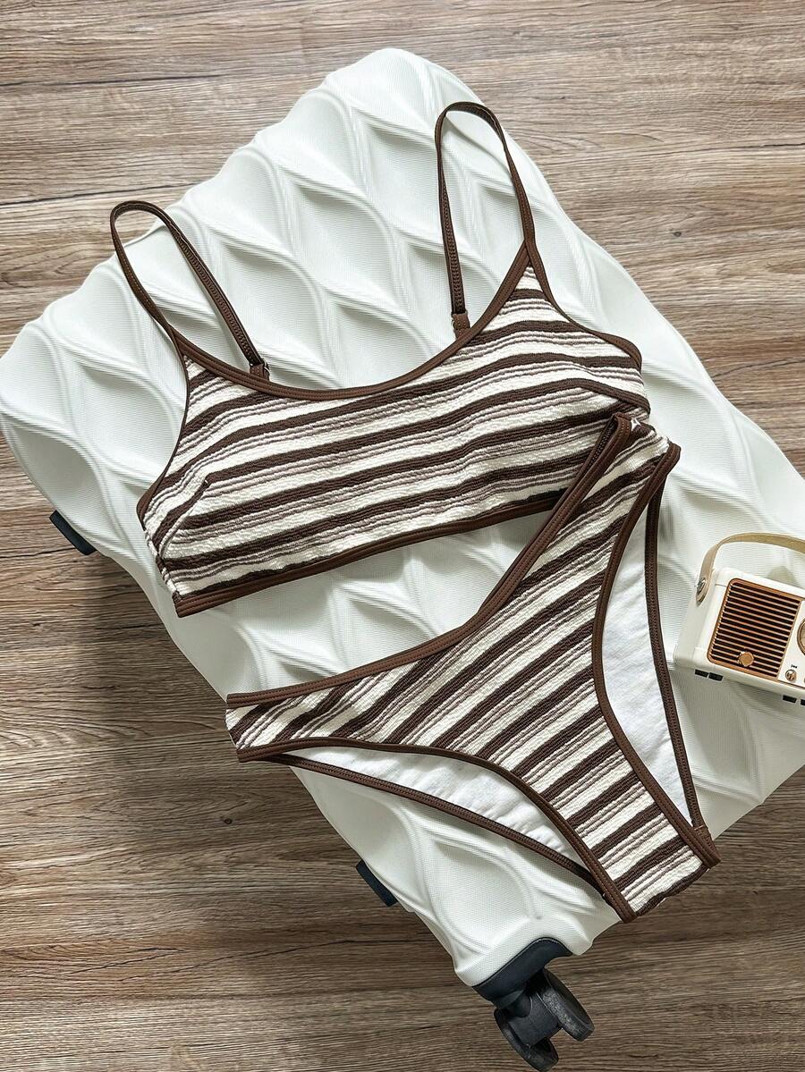 Apricot ribbed high waist two piece bikini swimsuit set for women featuring backless spaghetti strap top and high waisted bottoms.