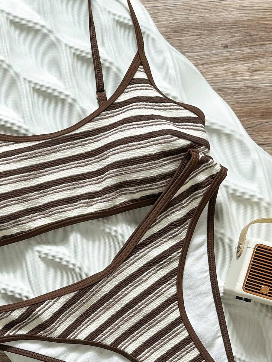 Apricot ribbed high waist two piece bikini swimsuit set for women featuring backless spaghetti strap top and high waisted bottoms.