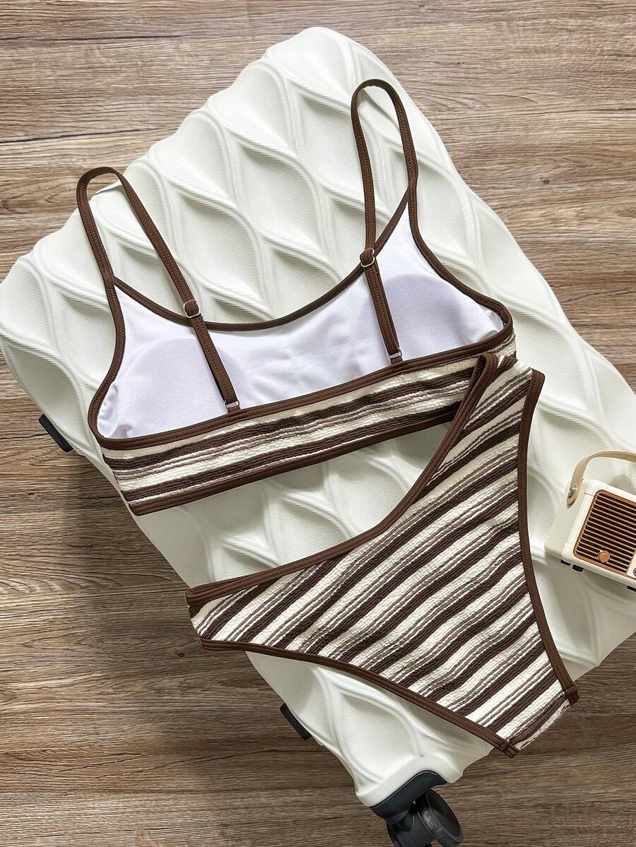 Apricot ribbed high waist two piece bikini swimsuit set for women featuring backless spaghetti strap top and high waisted bottoms.