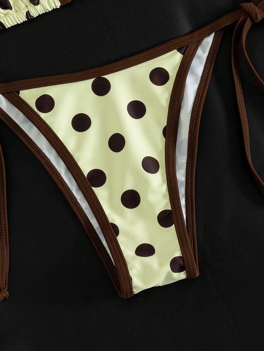 Women's two-piece halter triangle bikini set featuring a backless tie-back top with removable padding and matching tie-side mid-waist bottoms.