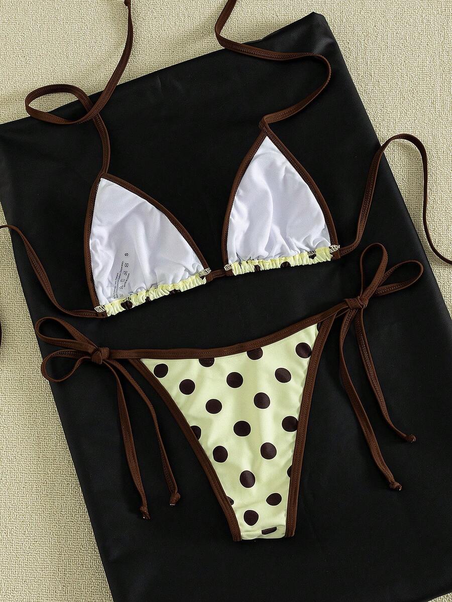 Women's two-piece halter triangle bikini set featuring a backless tie-back top with removable padding and matching tie-side mid-waist bottoms.