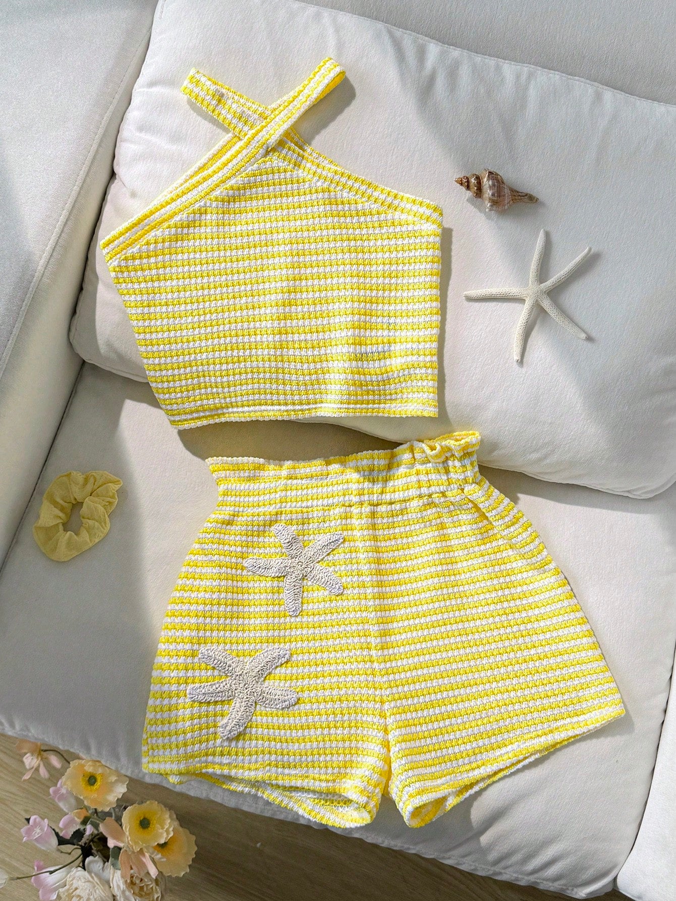 Tween girl 2-piece casual outfit set featuring a solid beige knit halter sleeveless top with belted detail and matching shorts.