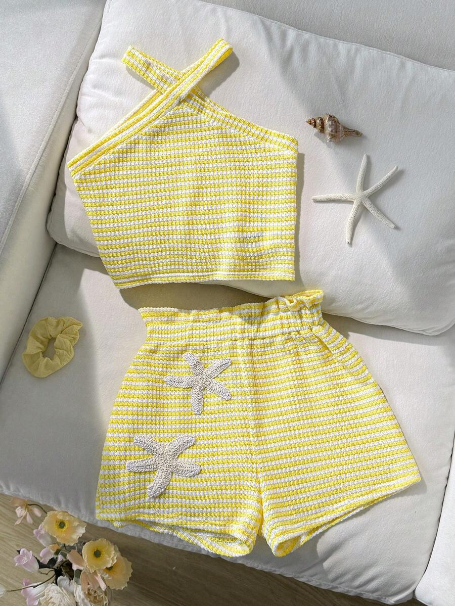 Tween girl 2-piece casual outfit set featuring a solid beige knit halter sleeveless top with belted detail and matching shorts.
