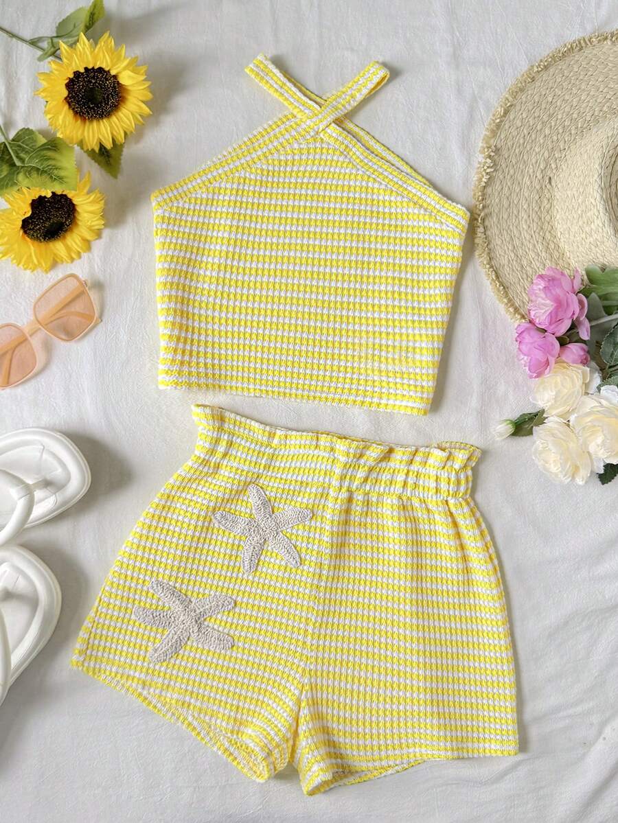 Tween girl 2-piece casual outfit set featuring a solid beige knit halter sleeveless top with belted detail and matching shorts.
