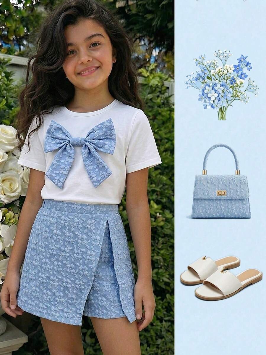 Tween girls 2-piece blue outfit featuring a short sleeve round neck t-shirt with a bow front detail and an asymmetric wrap skort.