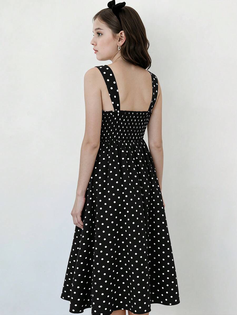 Tween girl apricot floral print midi dress with ruffle shoulder straps, shirred detail, and high waist A-line fit.