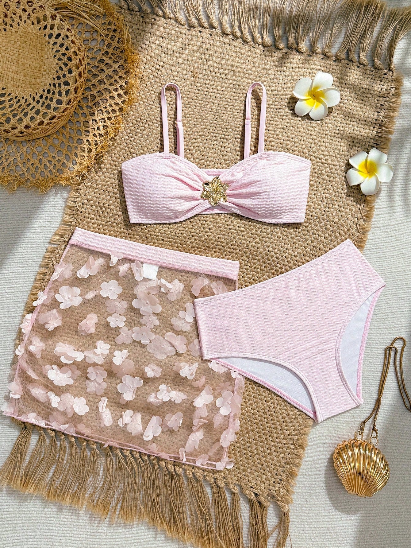 Pink Summer Cute Beach Holiday Tween Girl Elegant Bikini Set With Starfish Decor,Ruffle Beach Dress 3-Piece Children's Swimwear For Teenagers,Vacation