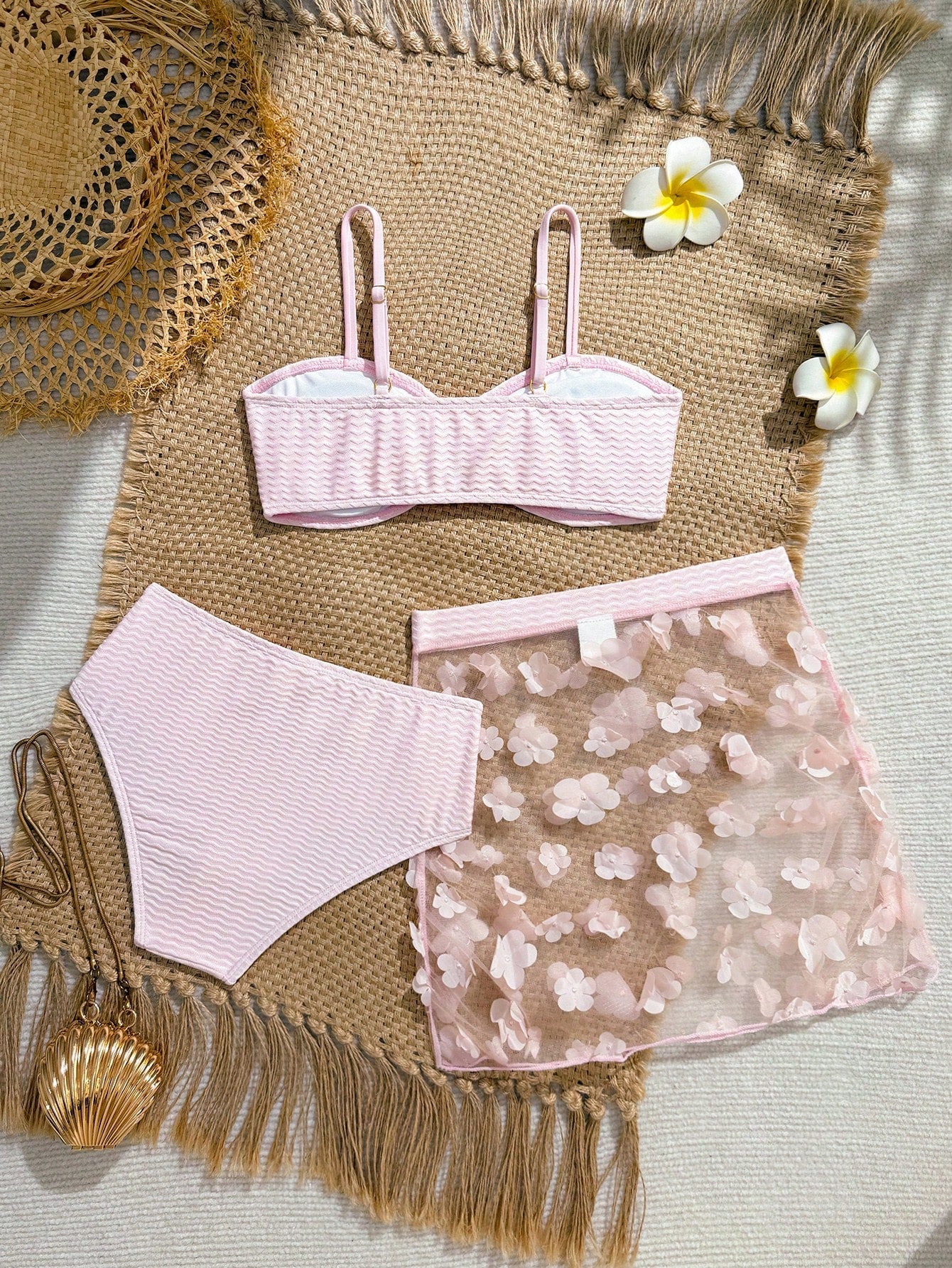 Pink Summer Cute Beach Holiday Tween Girl Elegant Bikini Set With Starfish Decor,Ruffle Beach Dress 3-Piece Children's Swimwear For Teenagers,Vacation