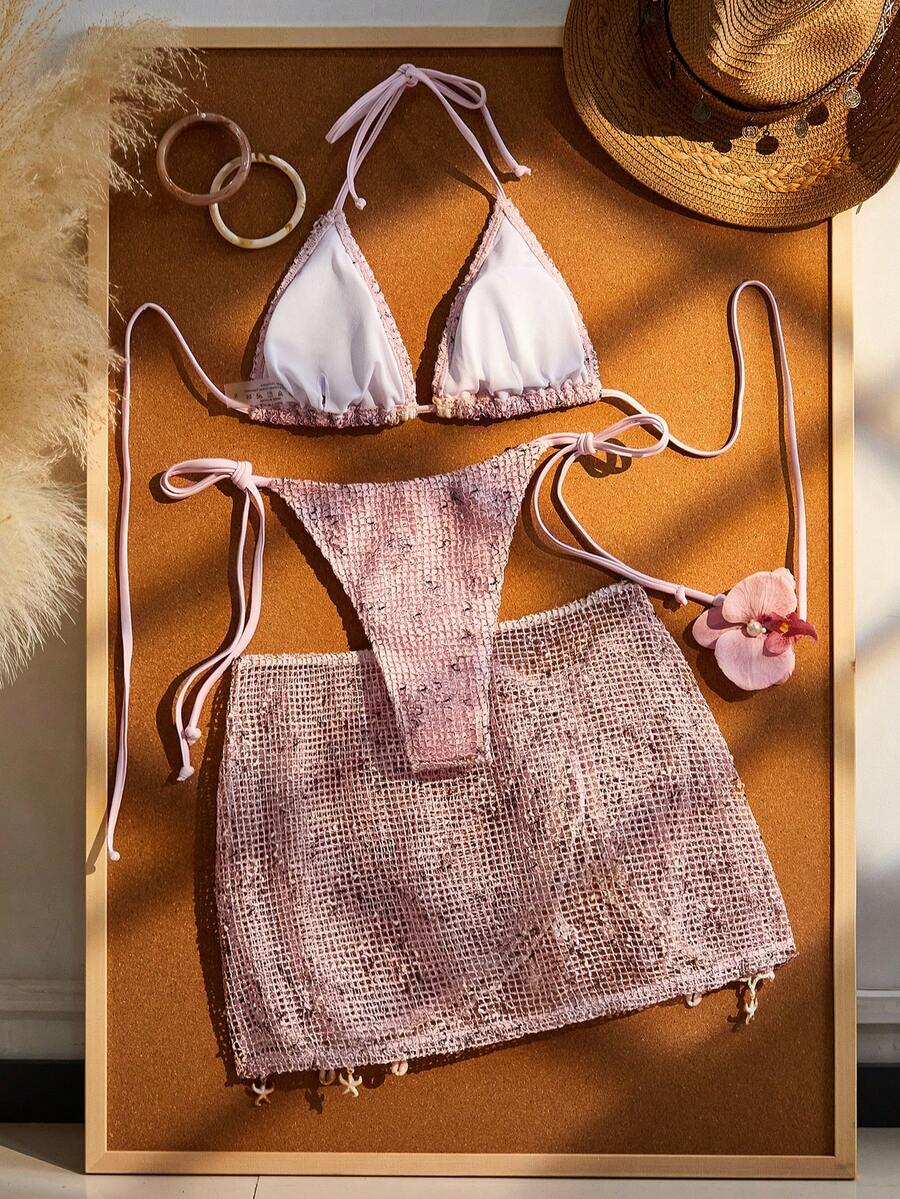 Women's boho halter bikini set featuring a backless lace-up top with wireless 3/4 cups and matching mid-waist bikini bottoms.