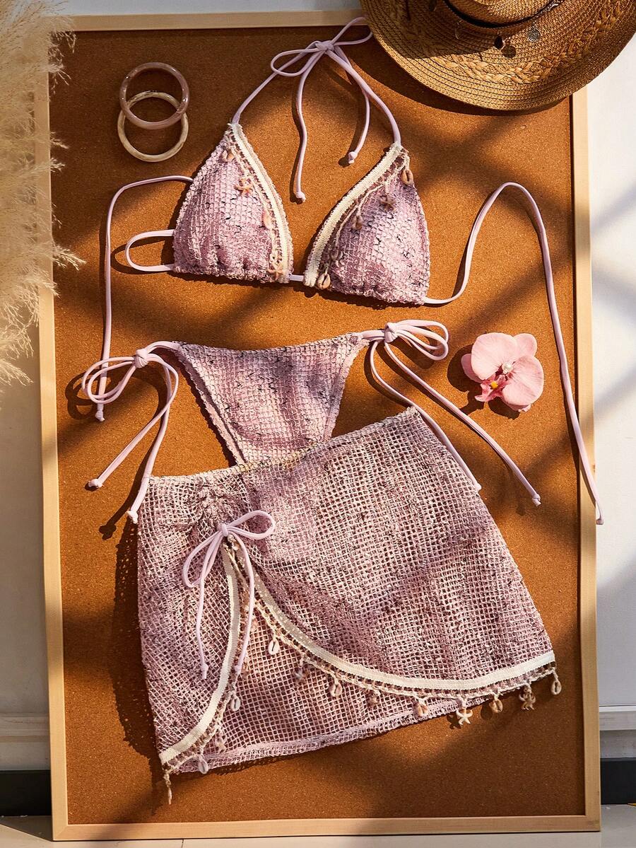 Women's boho halter bikini set featuring a backless lace-up top with wireless 3/4 cups and matching mid-waist bikini bottoms.