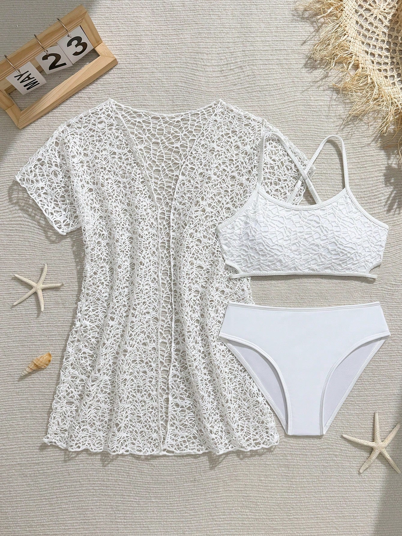 Tween girls 3-piece striped swimwear set featuring a tankini top, mid-waist bikini bottoms with a drawstring waist, and a matching kimono cover-up for beach or vacation wear.