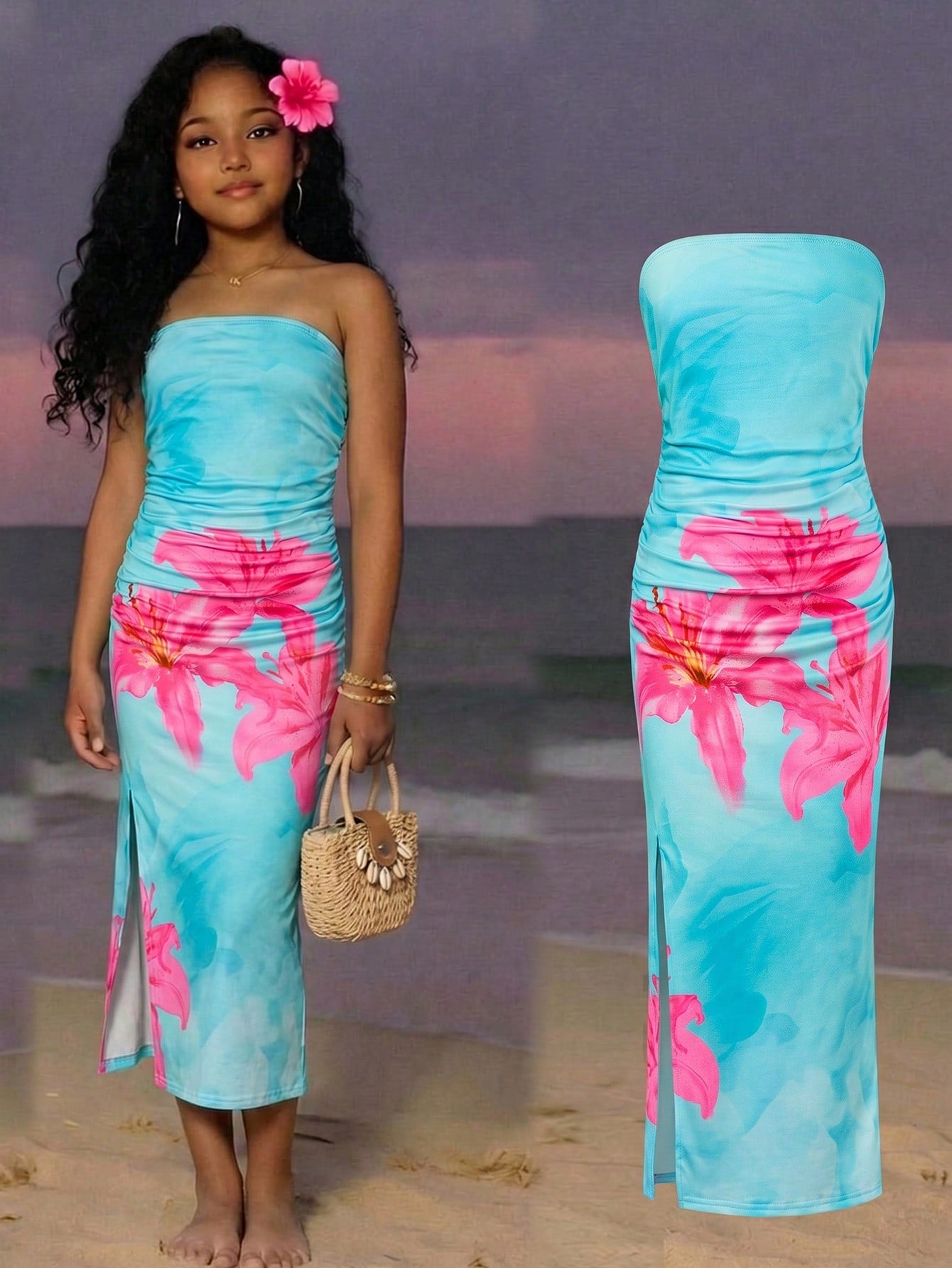 Tween girls multicolor floral print sleeveless halter midi dress with slit, slim fit, strapless neckline, zipper detail, and vacation beach style.