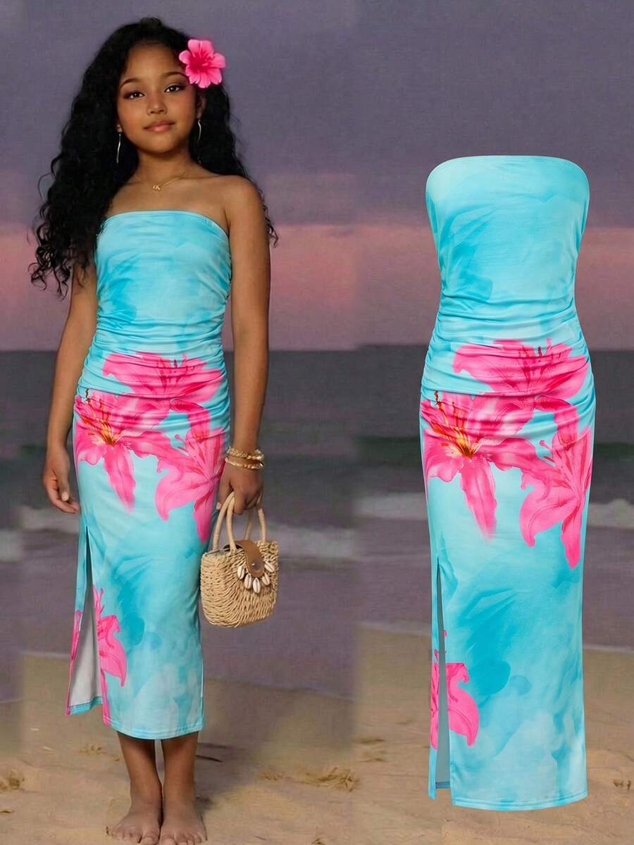 Tween girls multicolor floral print sleeveless halter midi dress with slit, slim fit, strapless neckline, zipper detail, and vacation beach style.