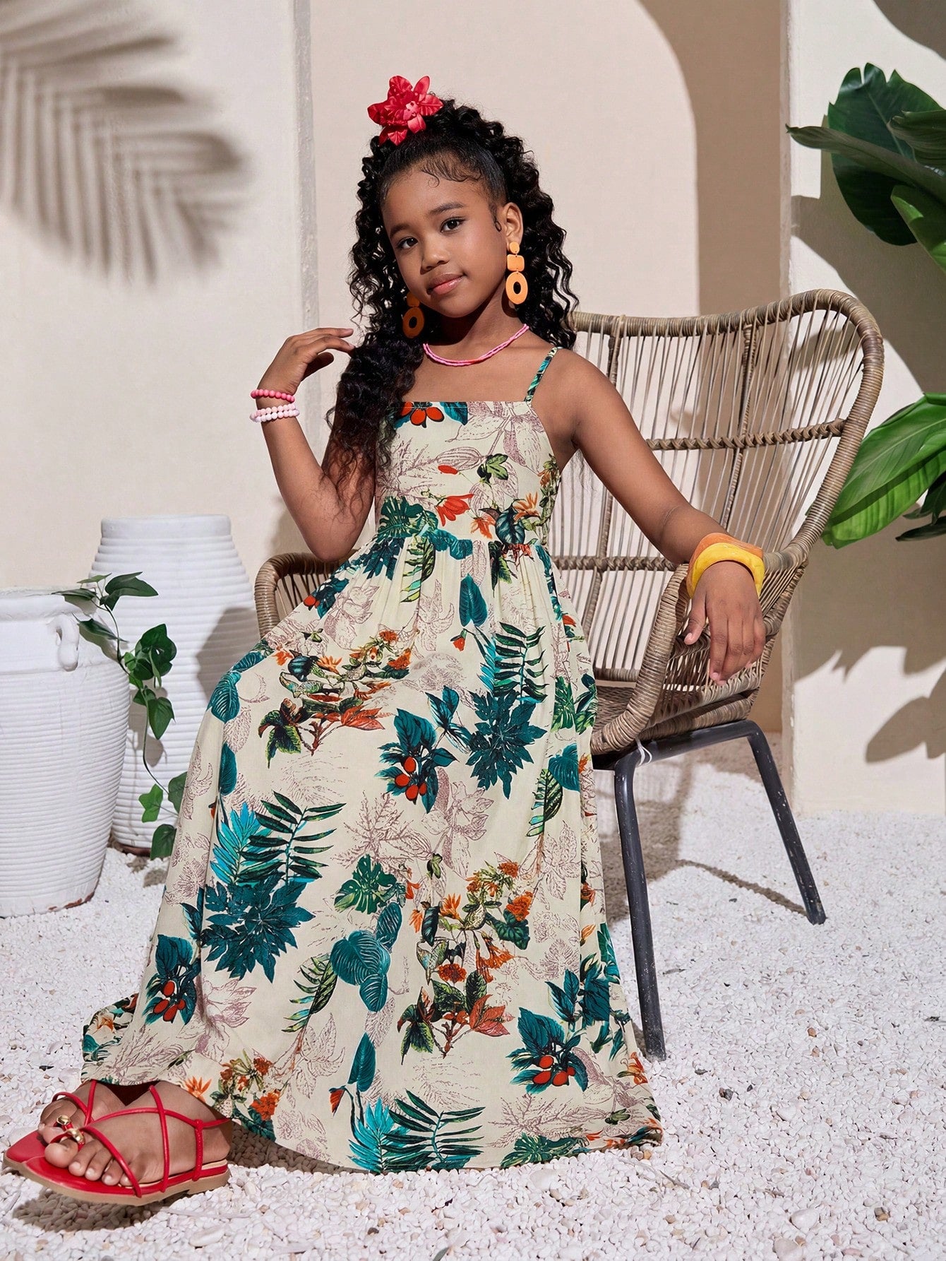 Tween girls striped spaghetti strap cami dress with high waist, shirred detail, zipper closure, sleeveless design, and flared long A-line silhouette for vacation wear.
