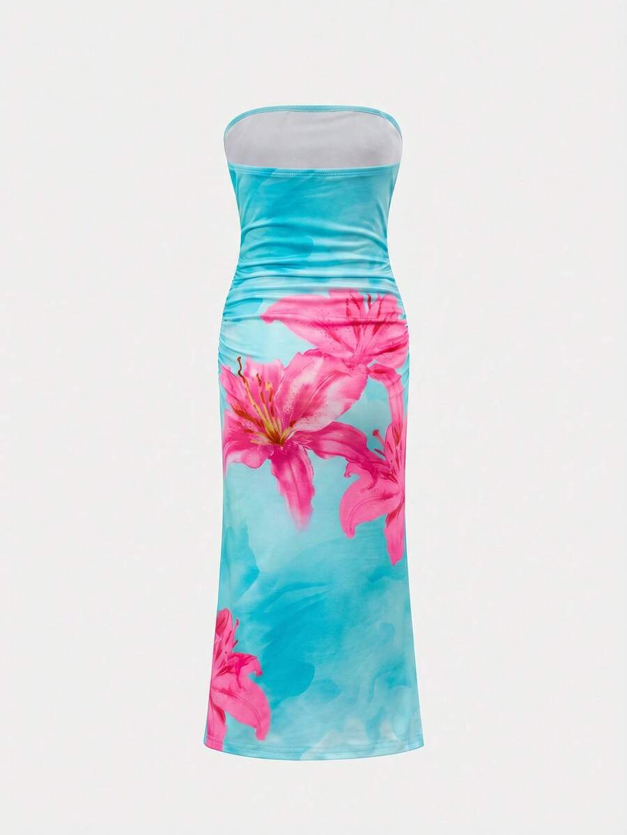 Tween girls multicolor floral print sleeveless halter midi dress with slit, slim fit, strapless neckline, zipper detail, and vacation beach style.