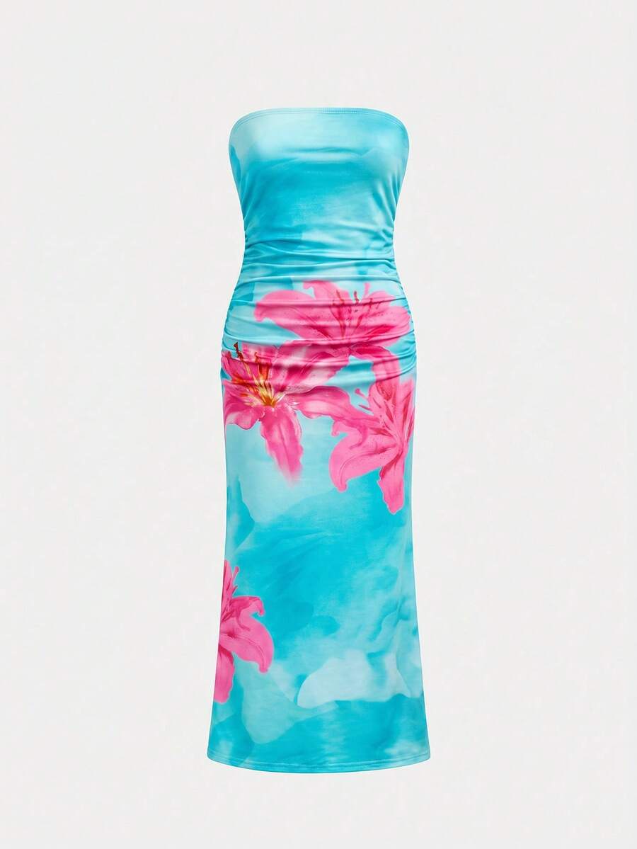 Tween girls multicolor floral print sleeveless halter midi dress with slit, slim fit, strapless neckline, zipper detail, and vacation beach style.