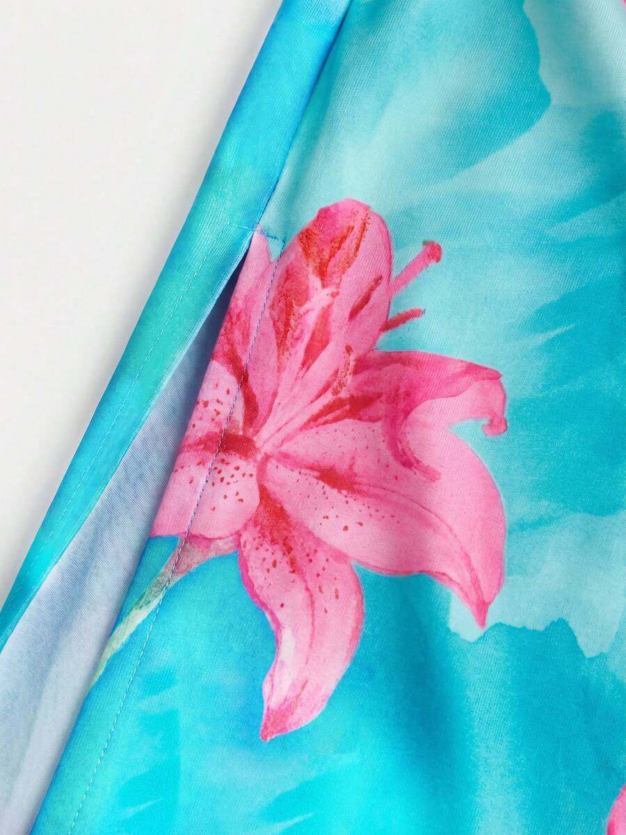 Tween girls multicolor floral print sleeveless halter midi dress with slit, slim fit, strapless neckline, zipper detail, and vacation beach style.