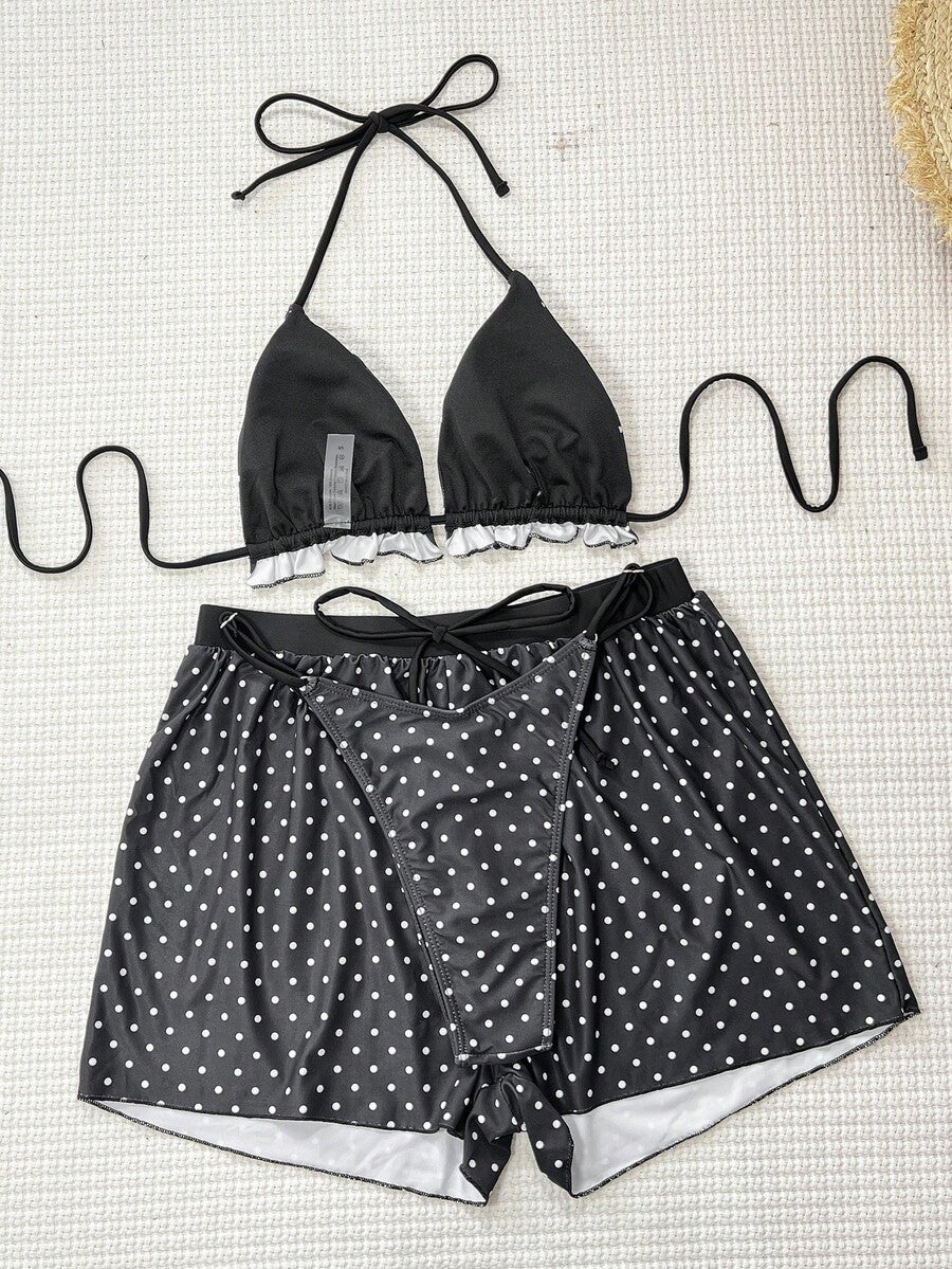 Women's 3-piece frill trim bikini set with halter tie-back top and high waist bottoms.