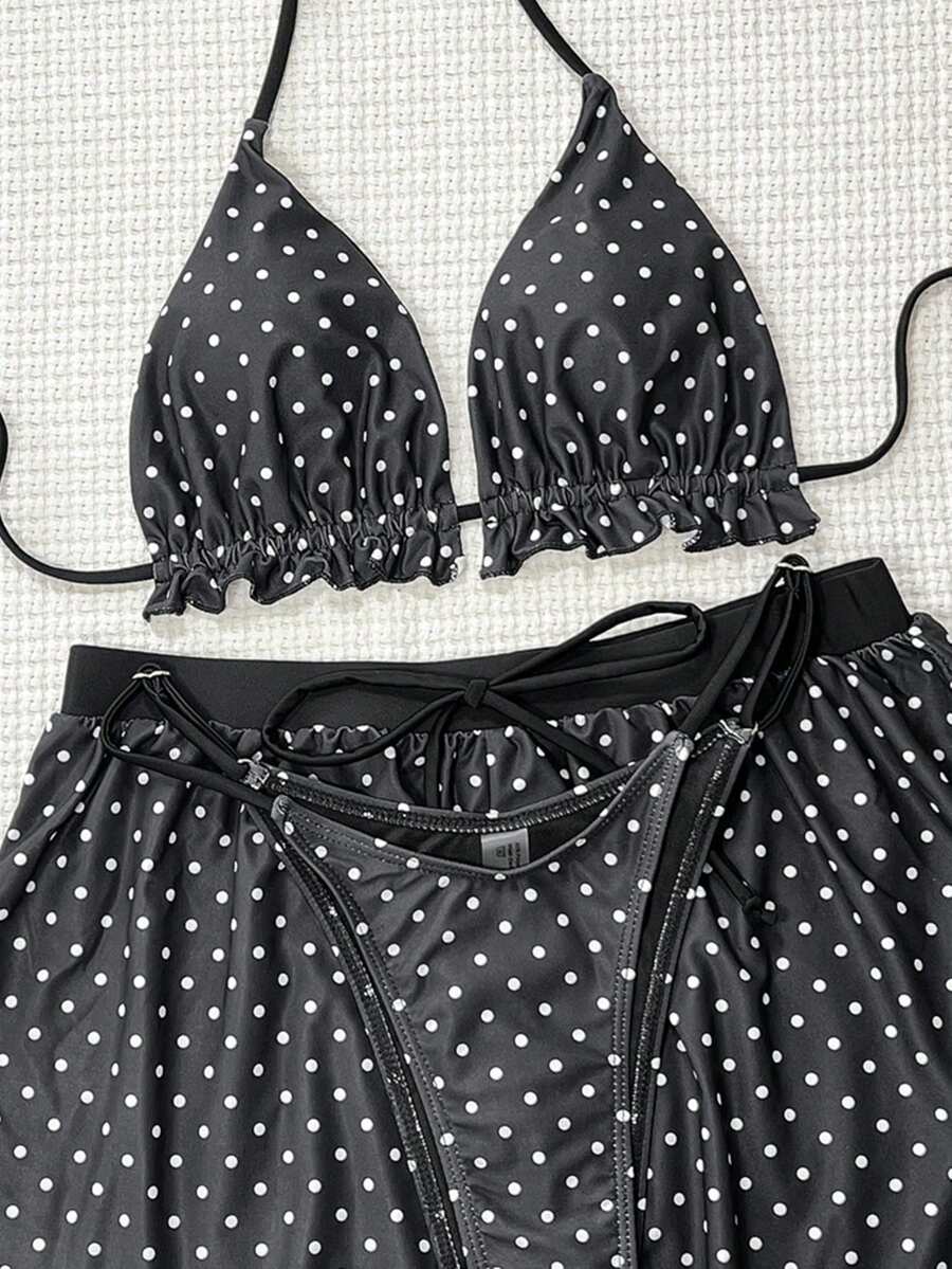 Women's 3-piece frill trim bikini set with halter tie-back top and high waist bottoms.