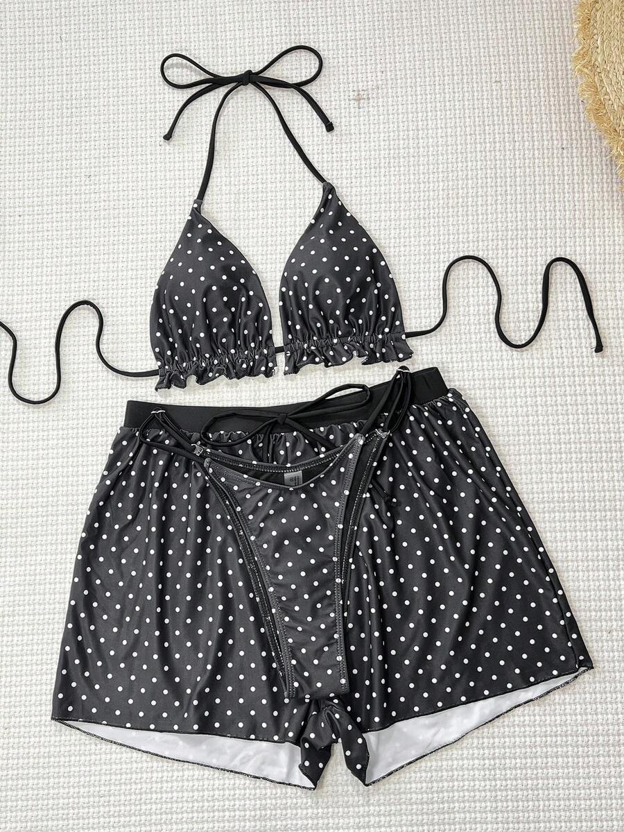 Women's 3-piece frill trim bikini set with halter tie-back top and high waist bottoms.