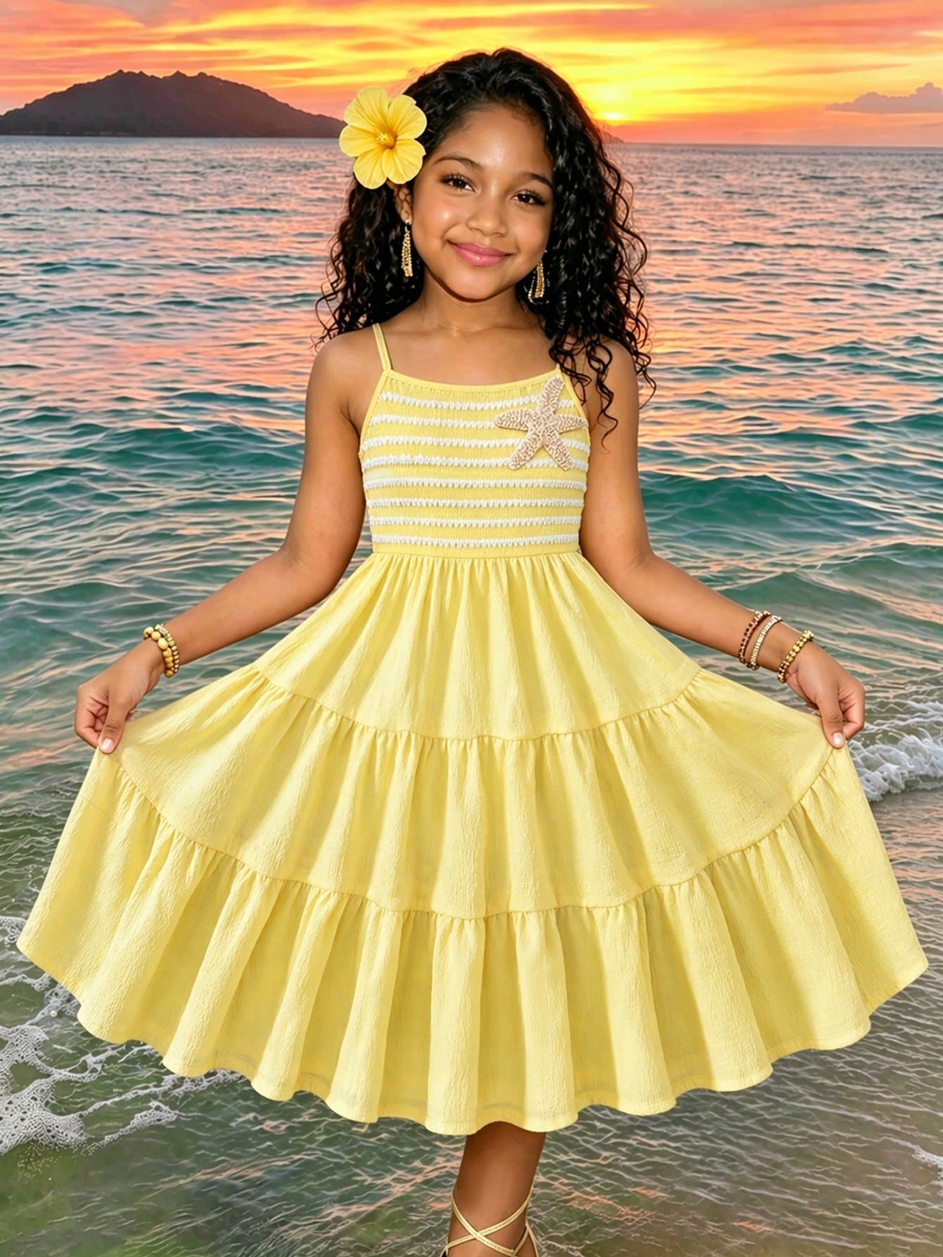 Tween girls yellow sleeveless cami dress with spaghetti straps, high waist, tiered layered skirt, shirred detail, zipper closure, and casual vacation style.