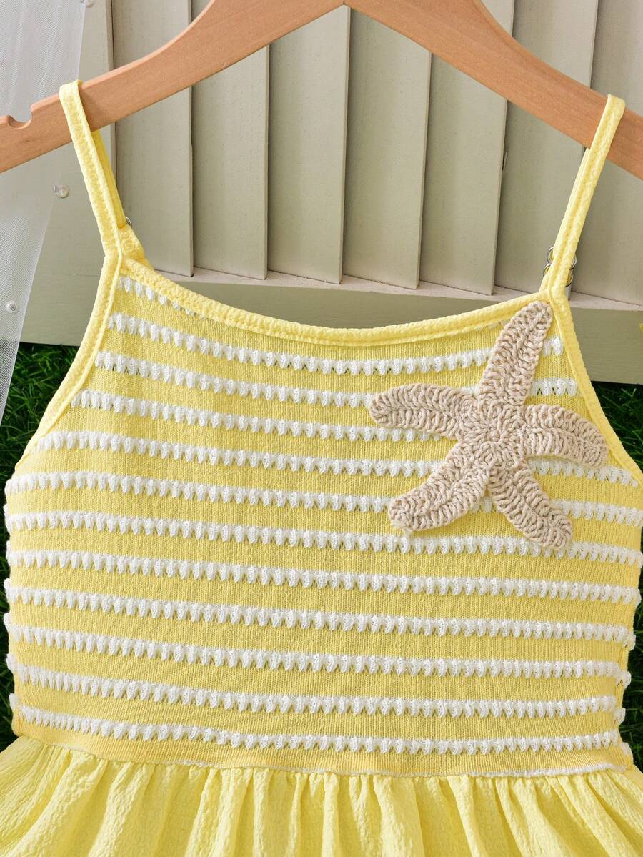Tween girls yellow sleeveless cami dress with spaghetti straps, high waist, tiered layered skirt, shirred detail, zipper closure, and casual vacation style.