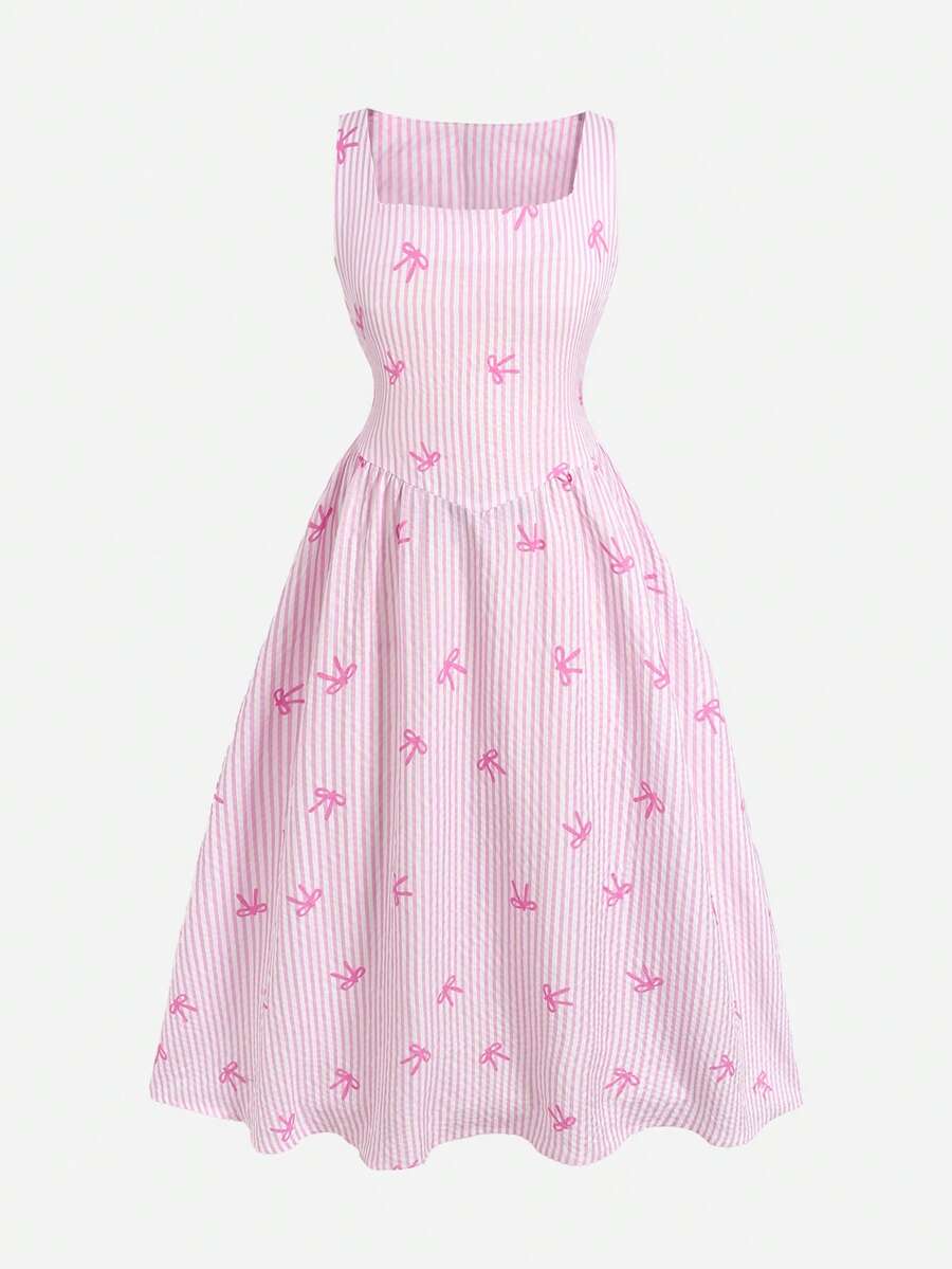 Tween girls pink floral sleeveless A-line midi dress featuring round neck, high waist with belt, contrast lace, and zipper back.