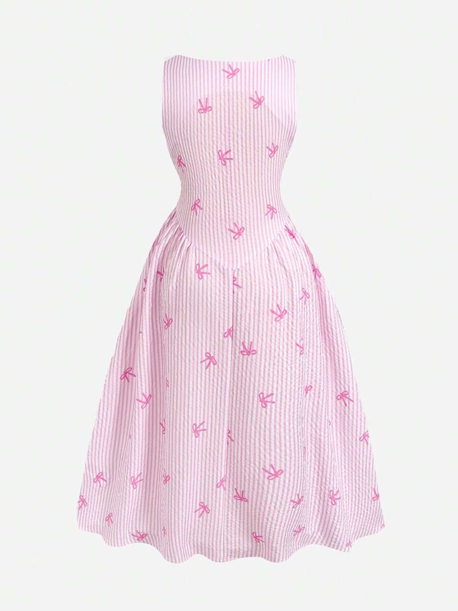 Tween girls pink floral sleeveless A-line midi dress featuring round neck, high waist with belt, contrast lace, and zipper back.