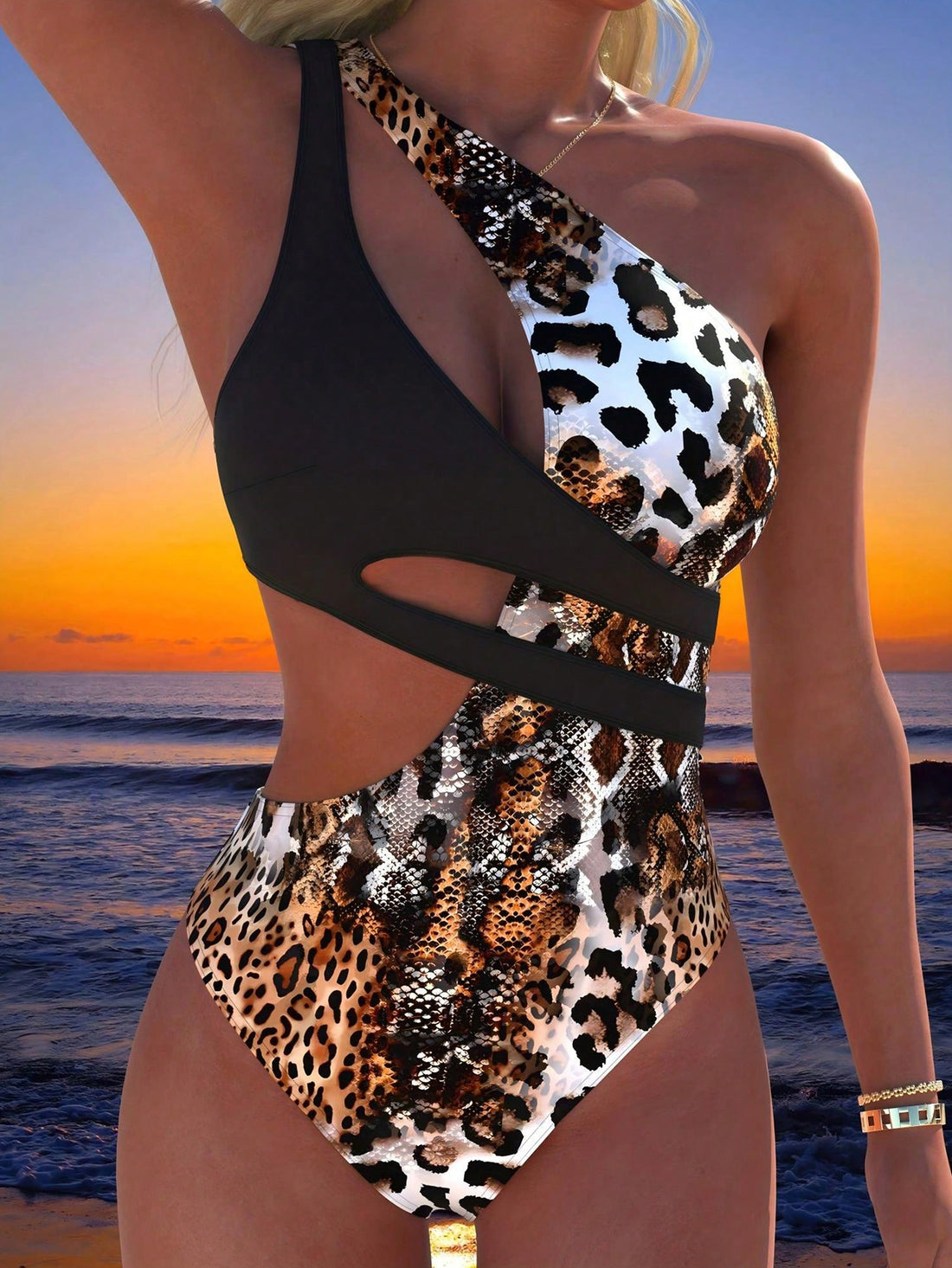 Women's black leopard print patchwork one-piece swimsuit featuring an asymmetrical neckline with cutout details and wireless full cups.
