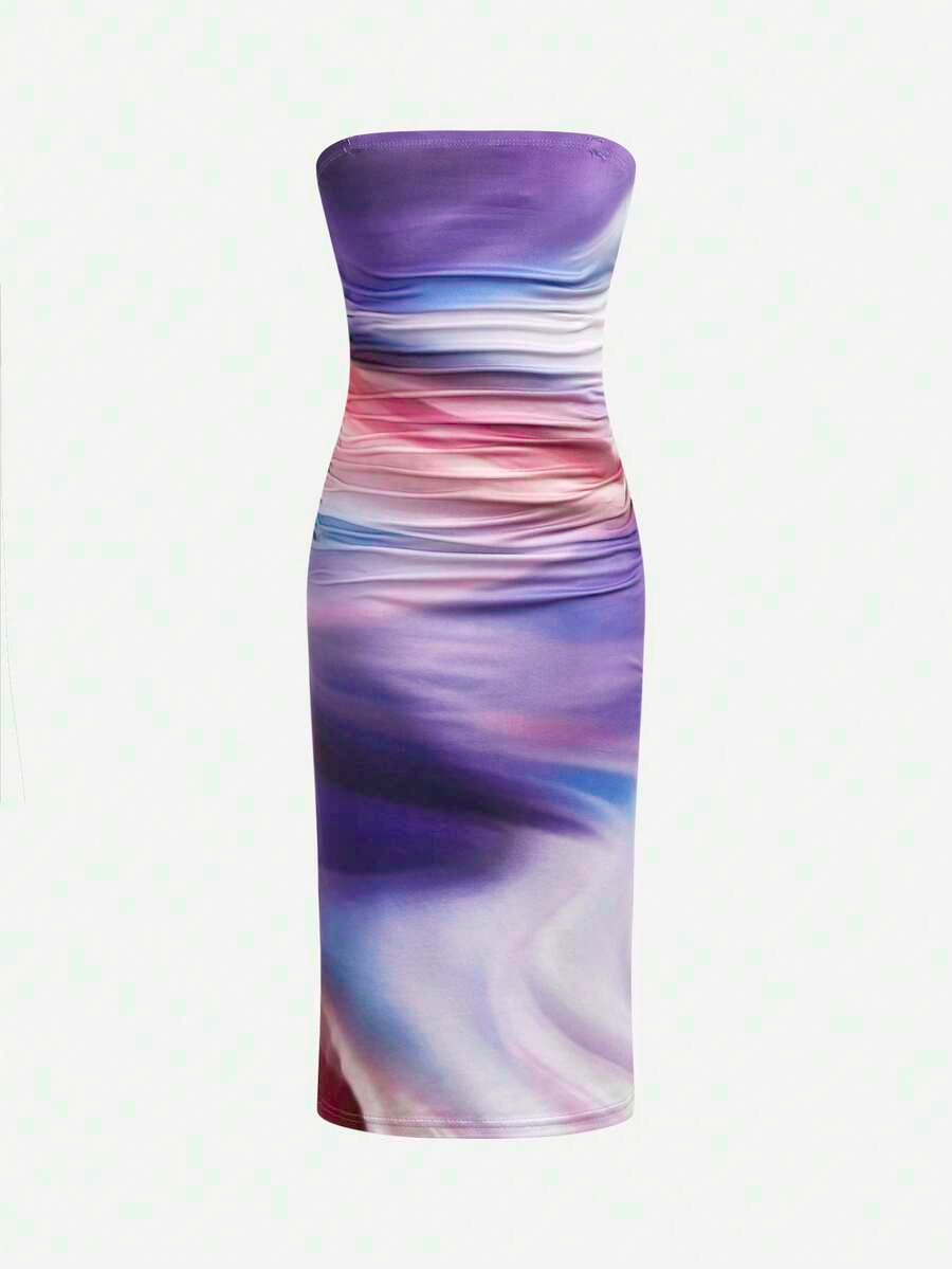 Tween girls multicolor floral print sleeveless halter midi dress with slit, slim fit, strapless neckline, zipper detail, and vacation beach style.