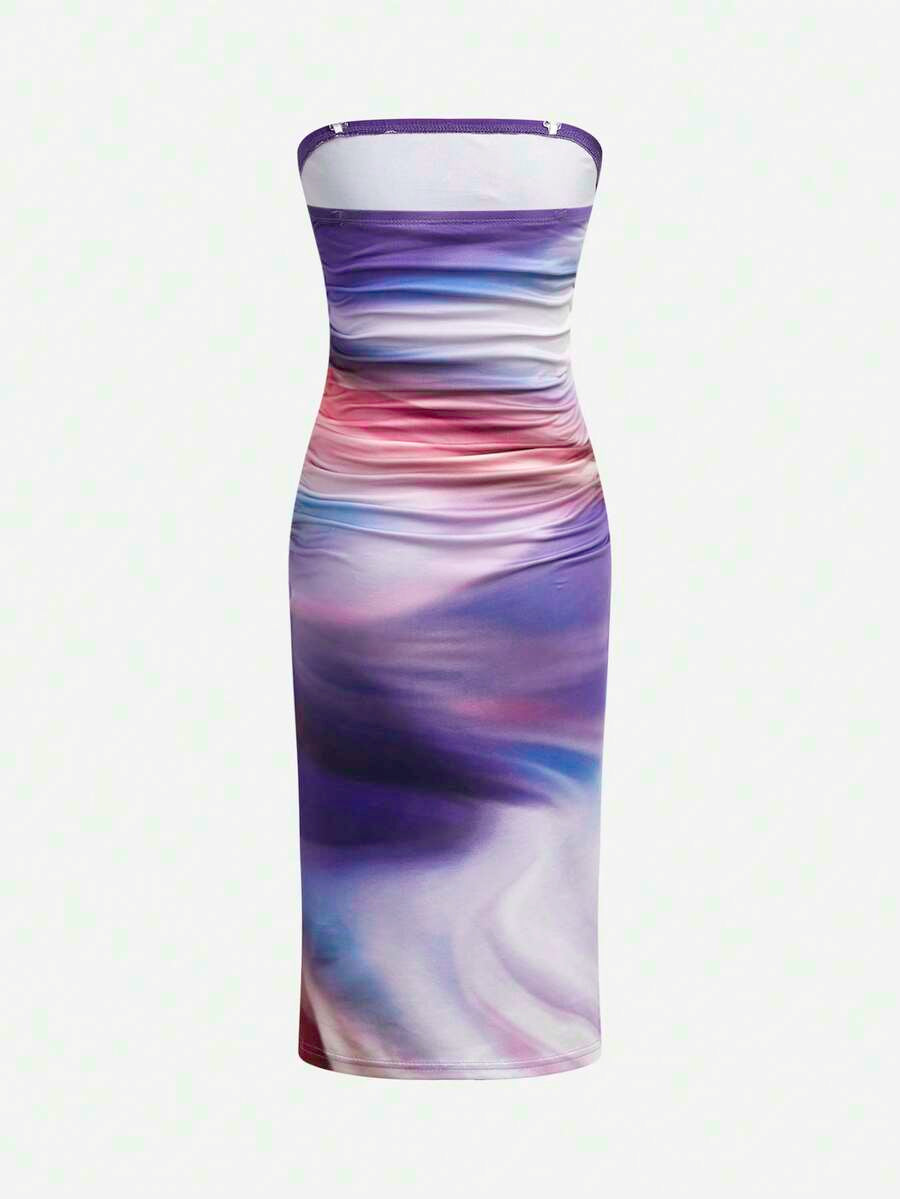 Tween girls multicolor floral print sleeveless halter midi dress with slit, slim fit, strapless neckline, zipper detail, and vacation beach style.