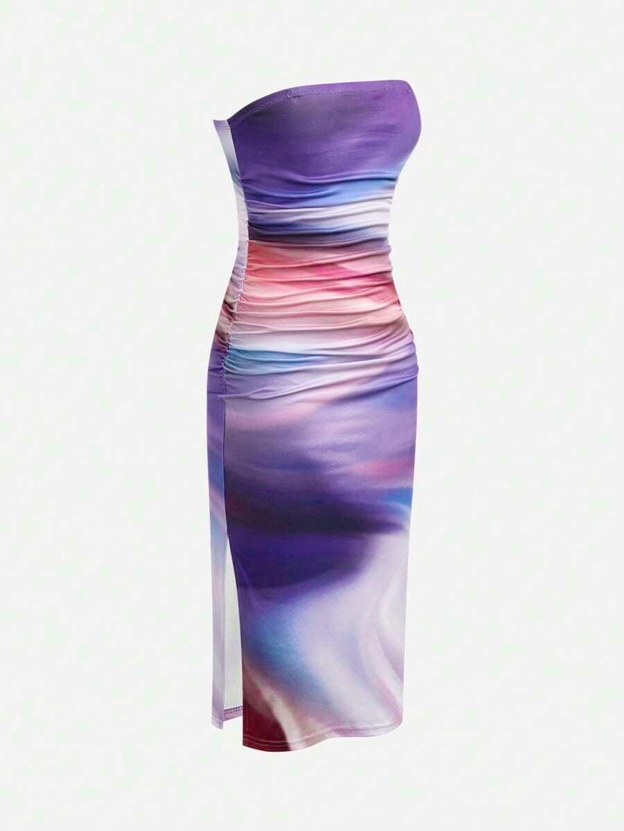 Tween girls multicolor floral print sleeveless halter midi dress with slit, slim fit, strapless neckline, zipper detail, and vacation beach style.