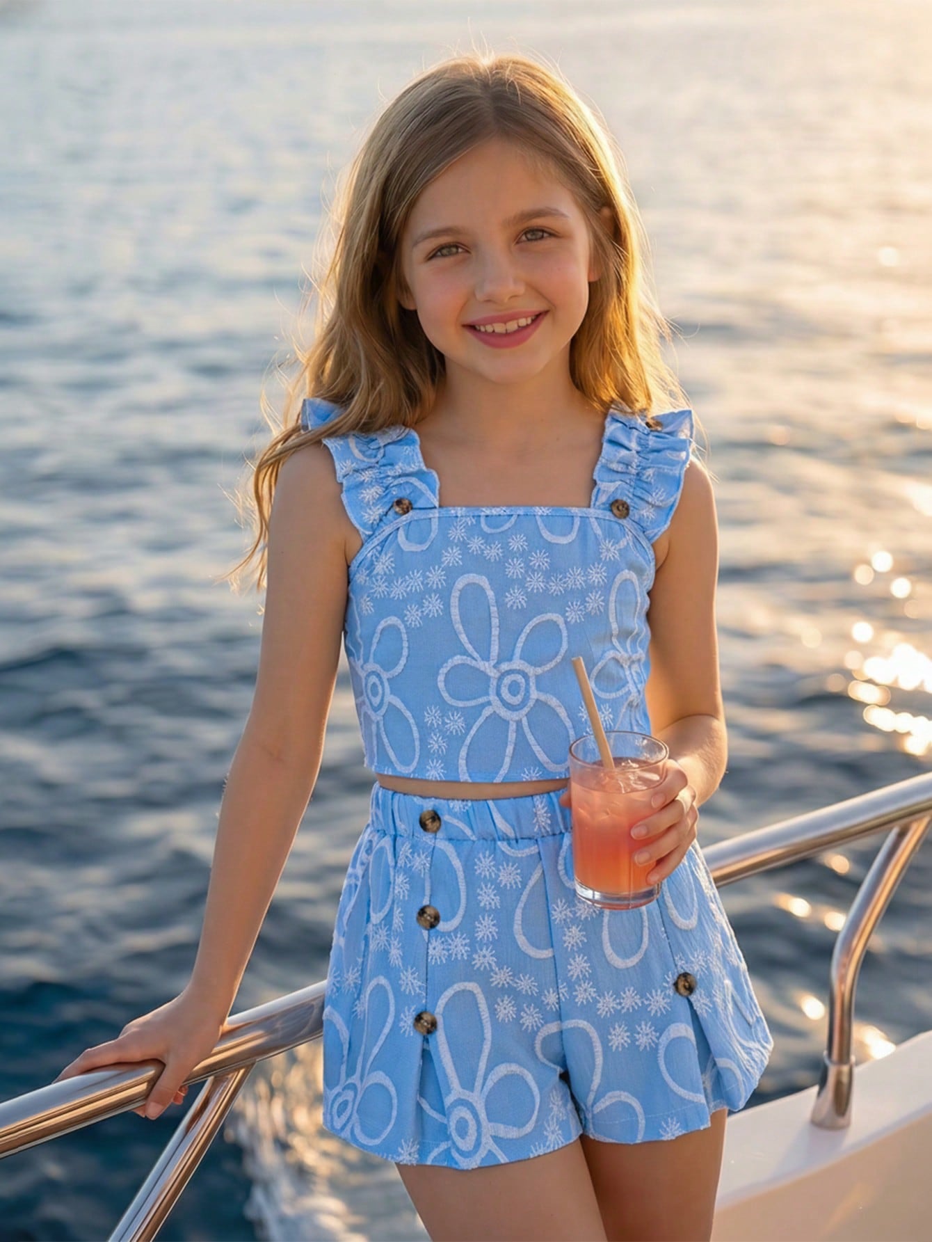 Apricot two-piece summer outfit for tween girls featuring a sleeveless pleated square-neck camisole top with button details and matching gathered shorts.