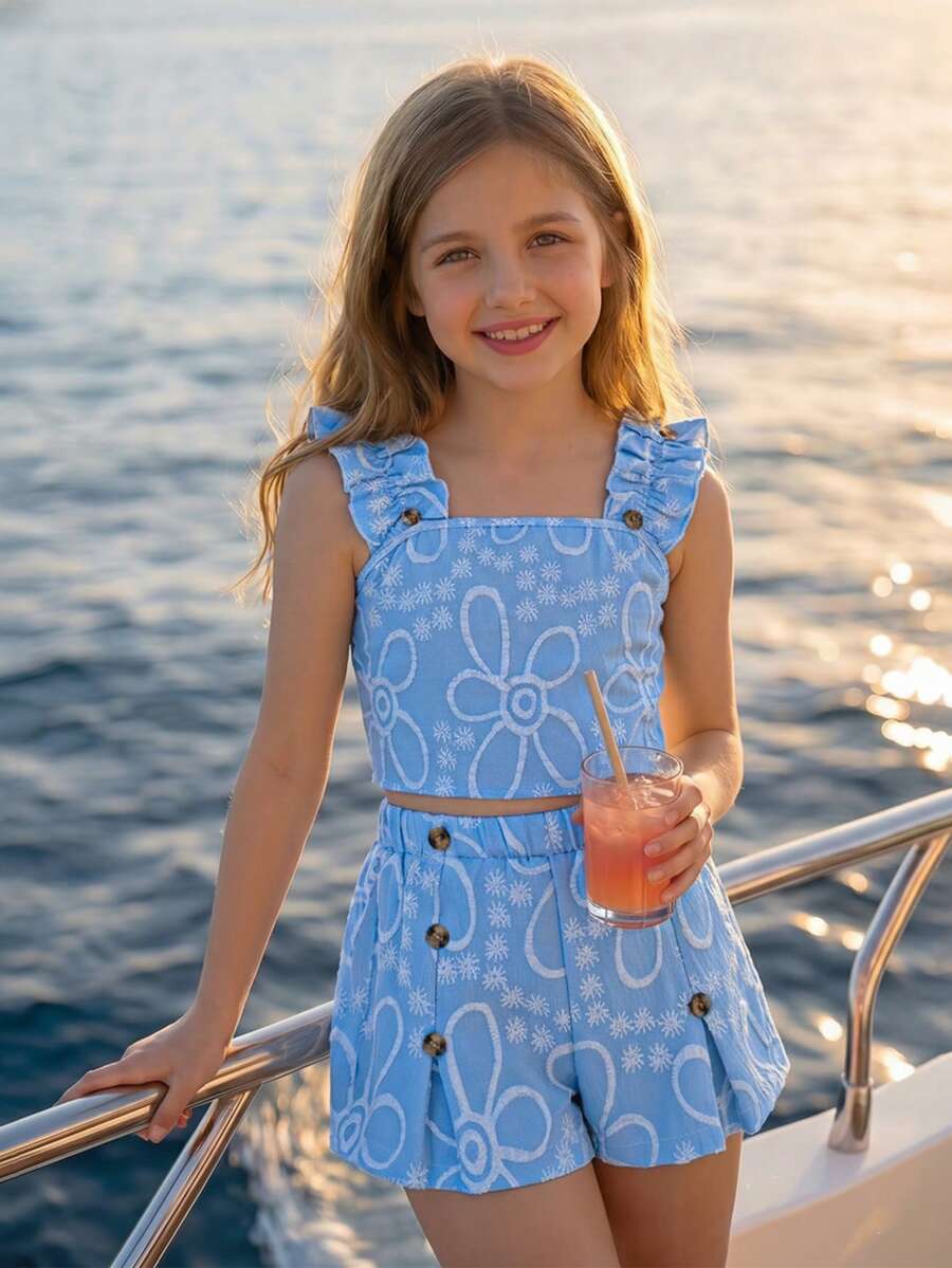 Apricot two-piece summer outfit for tween girls featuring a sleeveless pleated square-neck camisole top with button details and matching gathered shorts.