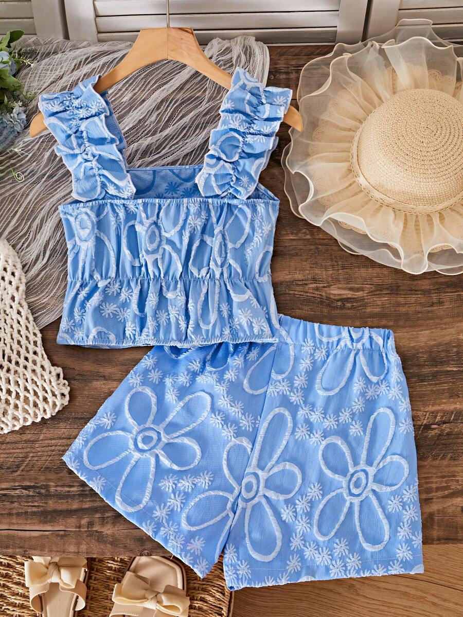 Apricot two-piece summer outfit for tween girls featuring a sleeveless pleated square-neck camisole top with button details and matching gathered shorts.