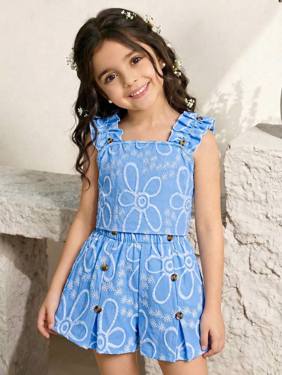 Apricot two-piece summer outfit for tween girls featuring a sleeveless pleated square-neck camisole top with button details and matching gathered shorts.